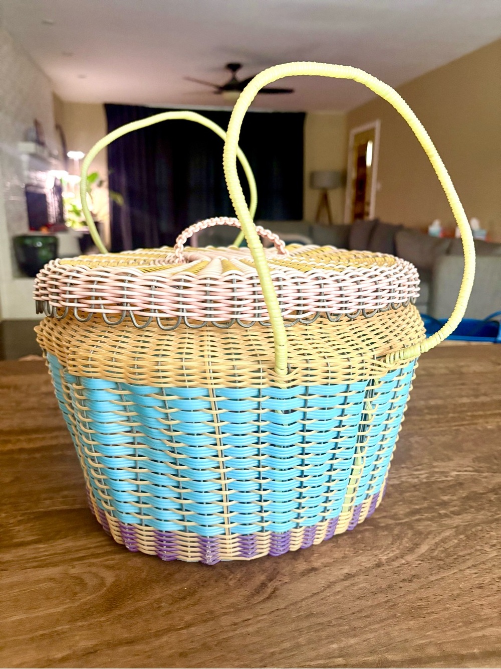 1960s/70s VTG Hand Woven Plastic Basket with lid